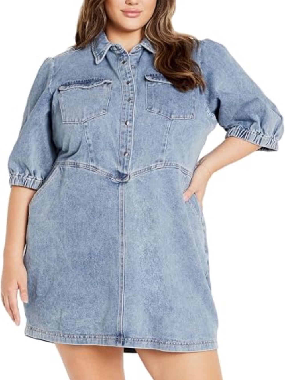 NWT City Chic Denim Mini Dress Remi in Light Wash Plus Size 20 with Puff Sleeves